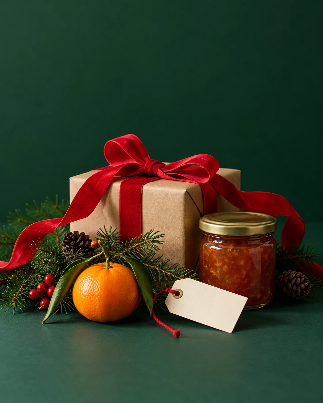 A gift tied with a red ribbon, a clementine, preserves and winter greenery